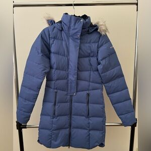 Columbia Apres Arson Down Hooded Long Jacket Puffer Coat size XS Blue